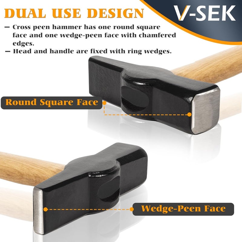 V-SEK Blacksmith Hammer 0000811-1000 Bladesmith Blacksmithing Forging Hammer Knife Making Metal Working Forge Tool Round Square Face Cross Peen with Steel Head Wooden Handle (2.2 lb / 1000 g) - Image 2